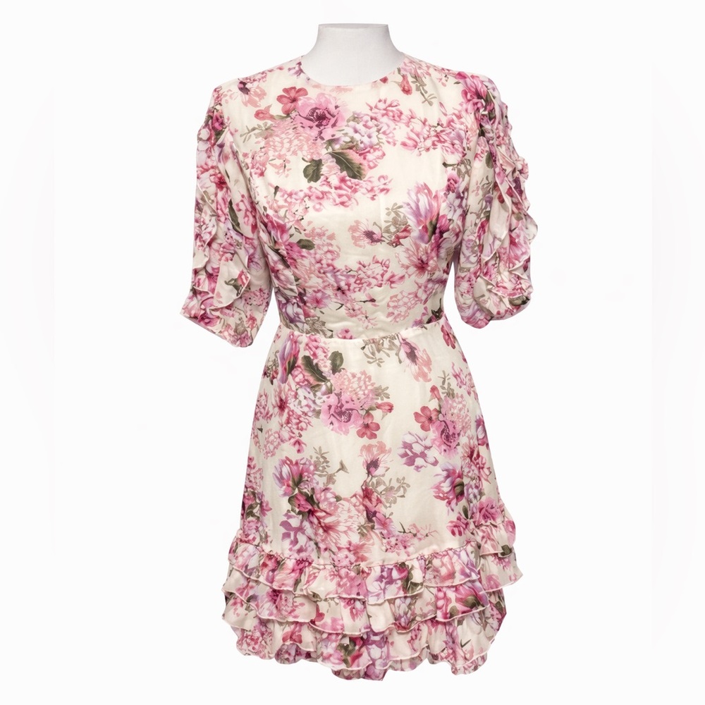 Missguided Pink Floral Puff Sleeve Ruffle Mini Dress Cottagecore Size 8
